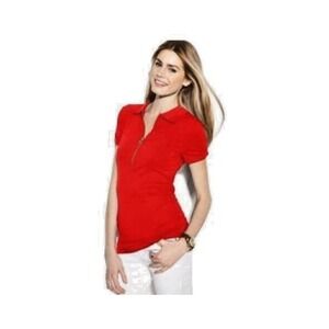 Michael Kors Red Short Sleeve Polo Shirt Gold Zipper Detail Womens XS